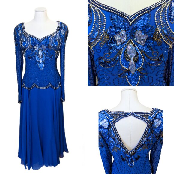 Vintage Augustat 80s Beaded Prom Gown Dress Art Deco Sequined Formal Sz 42/L - Picture 1 of 16